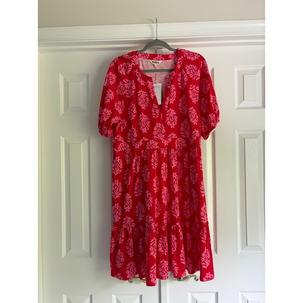 Boden Piper Short Jersey Dress Women 14 Red Pink NWT Floral Tiered Boho Mini
